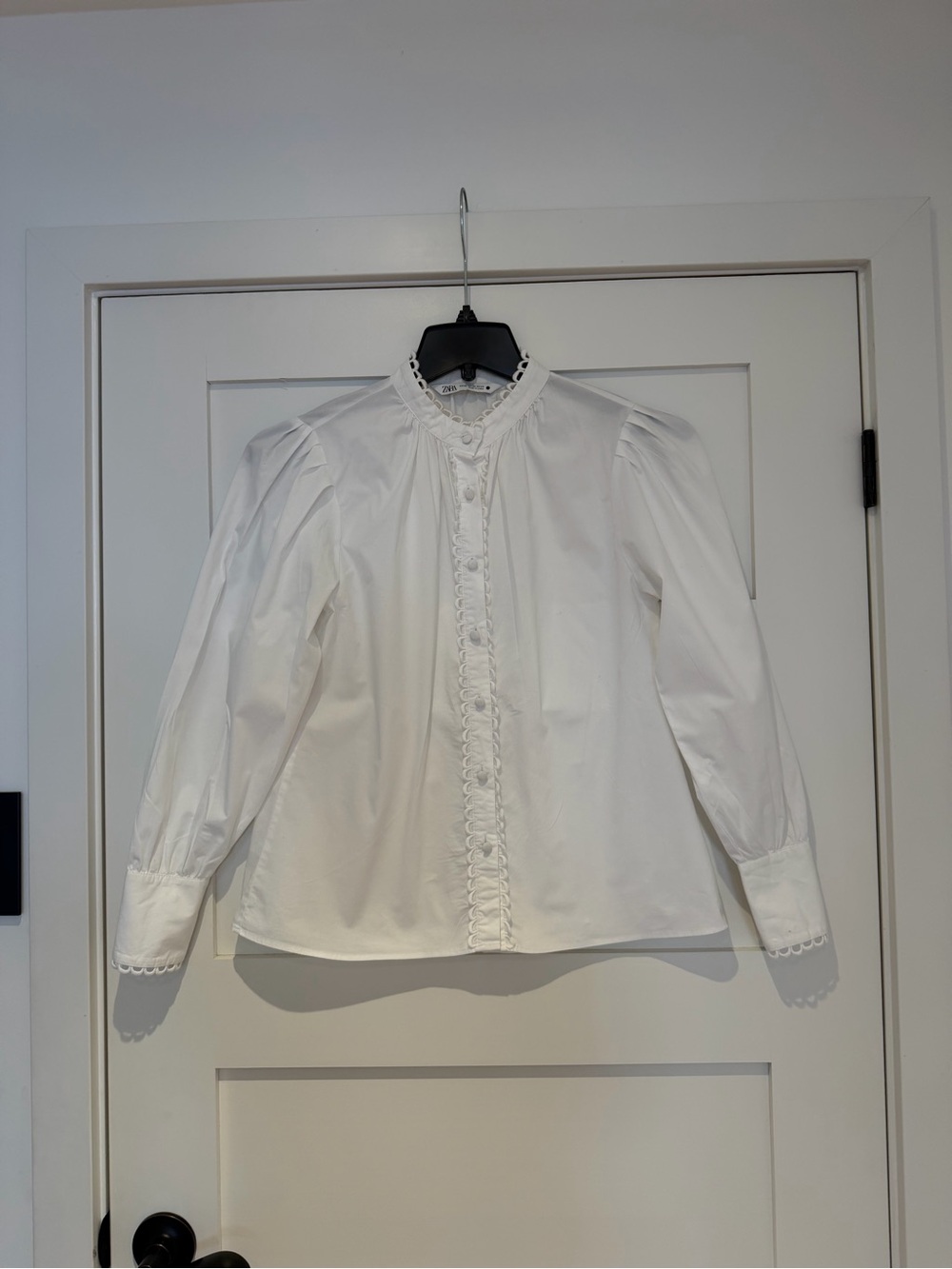 Zara White Ruffle-Trim Button-Down Blouse